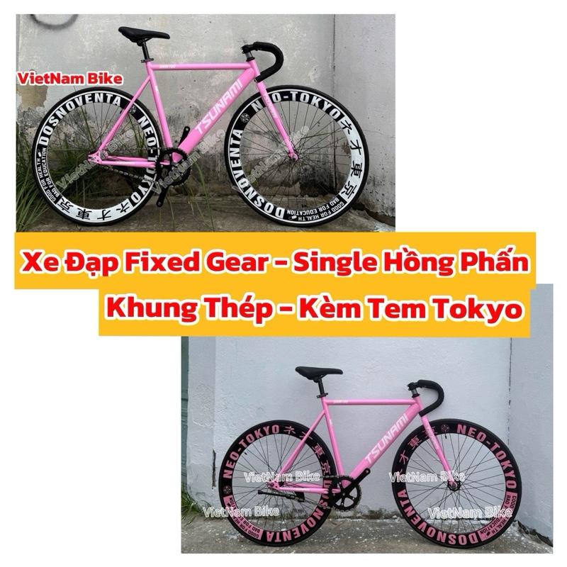 VN Xe đạp thể thao fixed gear và single tsunami snm 100 màu Hồng phấn dán tem vành tokyo kèm strap và đồ lắp