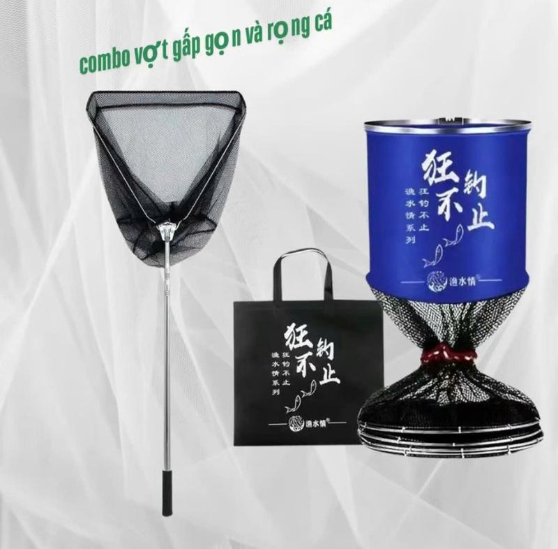 Combo Rọng Đựng Cá Kèm Vợt Cá Inox Gấp Gọn Tiện Lợi Giá Hạt Rẻ Fishing Bắt Cá can vot rut vot ca