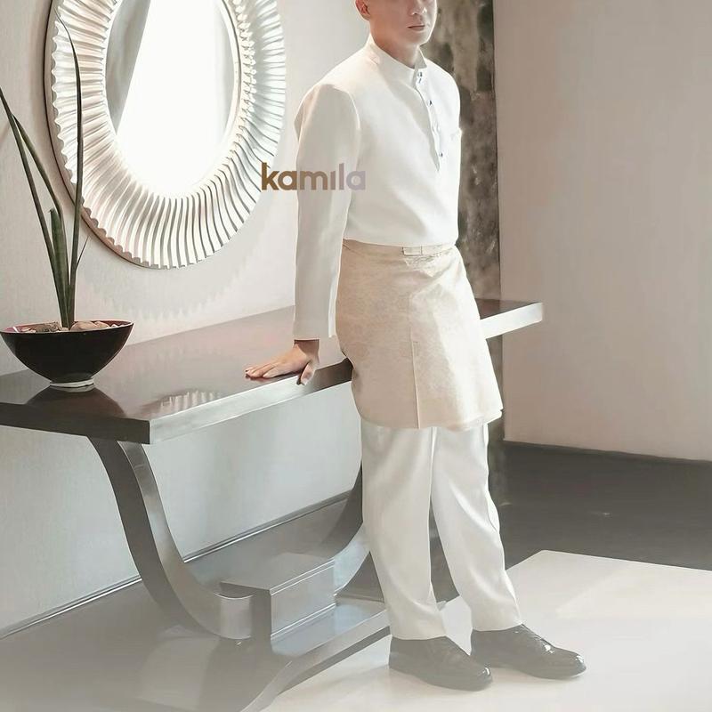 (Setelan Baju + Celana)~ Broken white/baju melayu pria malaysia/teluk belanga satin silk viral kerah sanghai 1