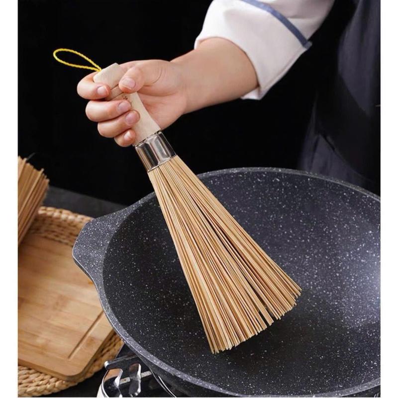 Chổi Tre Tay Cầm Gỗ Vệ Sinh Nồi Chảo Đa Năng, Cọ Chà Nồi Tiện Dụng
