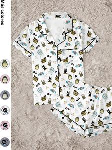 Espíritu de bosque sanador, chica costera y pez, chica mágica y gato negro, deidad misteriosa sin rostro. Pijama de mujer, ropa de dormir cómoda de dos piezas, top abotonado de manga corta y shorts elásticos, regalo para fiesta.