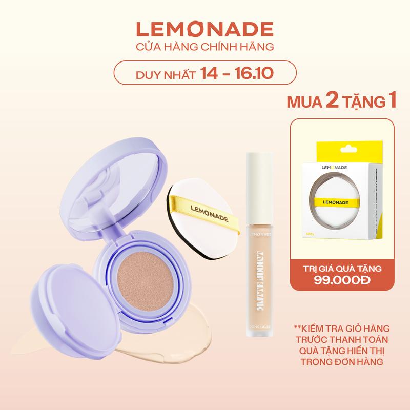 Combo Phấn nước mỏng nhẹ kiềm dầu thuần chay chống nắng Lemonade Supermatte No Makeup Cushion 15g & 01 Kem che khuyết điểm Matte Addict Concealer 3g