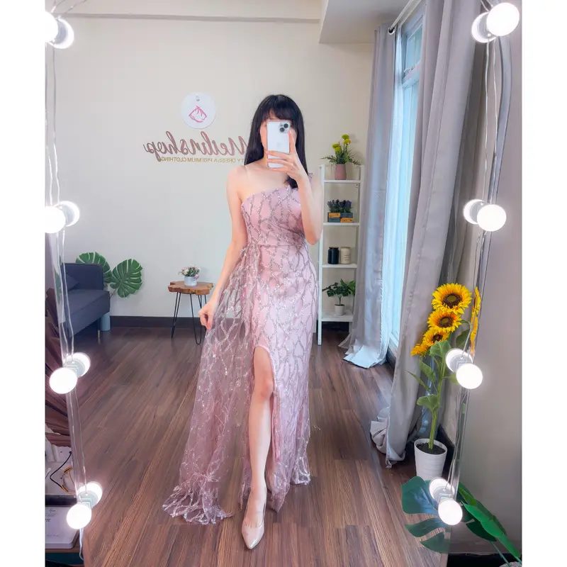 Lace Fur Glitter One Shoulder Dress Wanita Evening Formal 3