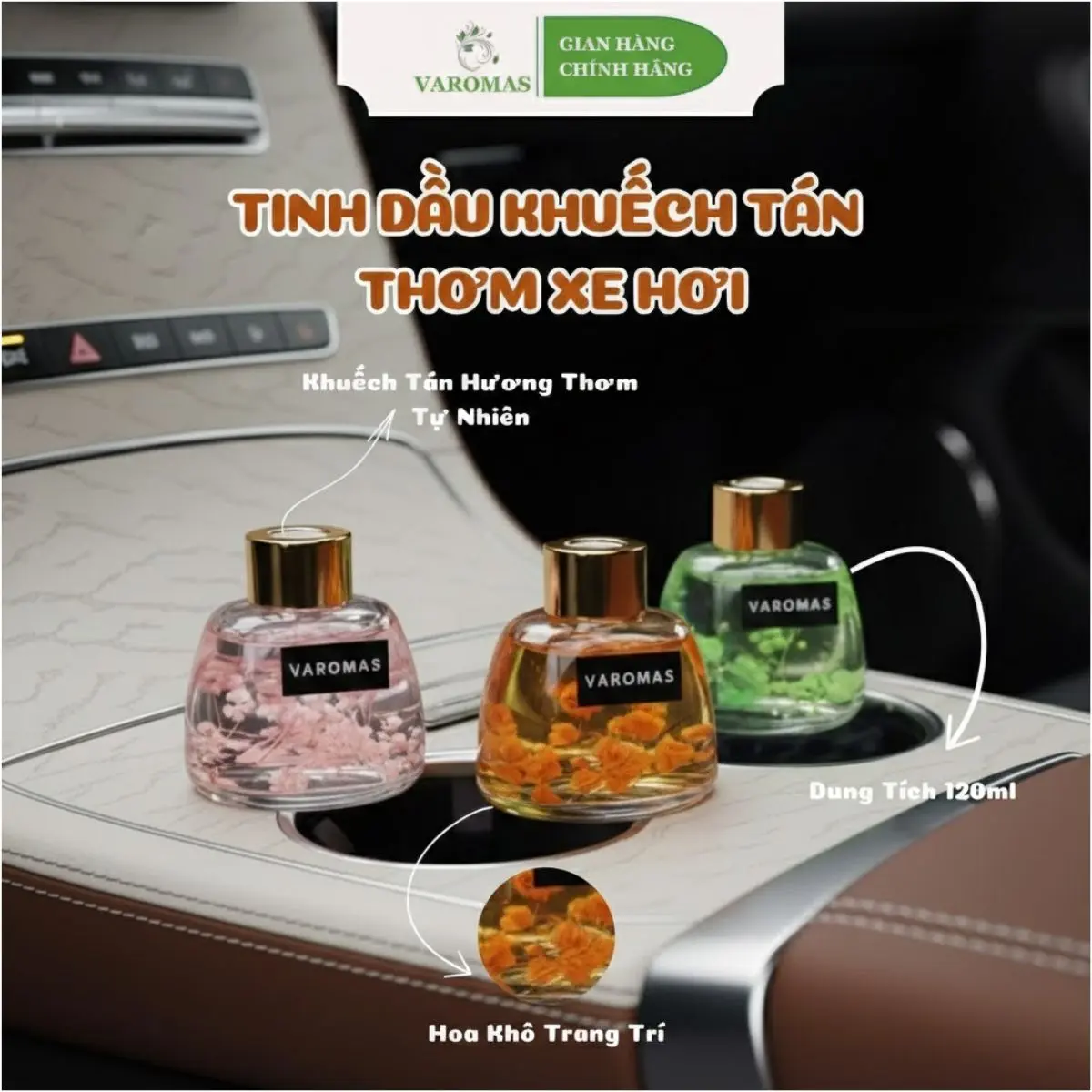 Tinh Dầu Thơm Xe Hơi & Phòng VAROMAS Kèm Miếng Dán Cố Định Trang Trí Hoa Khô Khử Mùi Hôi Ô Tô Không Gian Phòng Dung Tích 120ML KT10