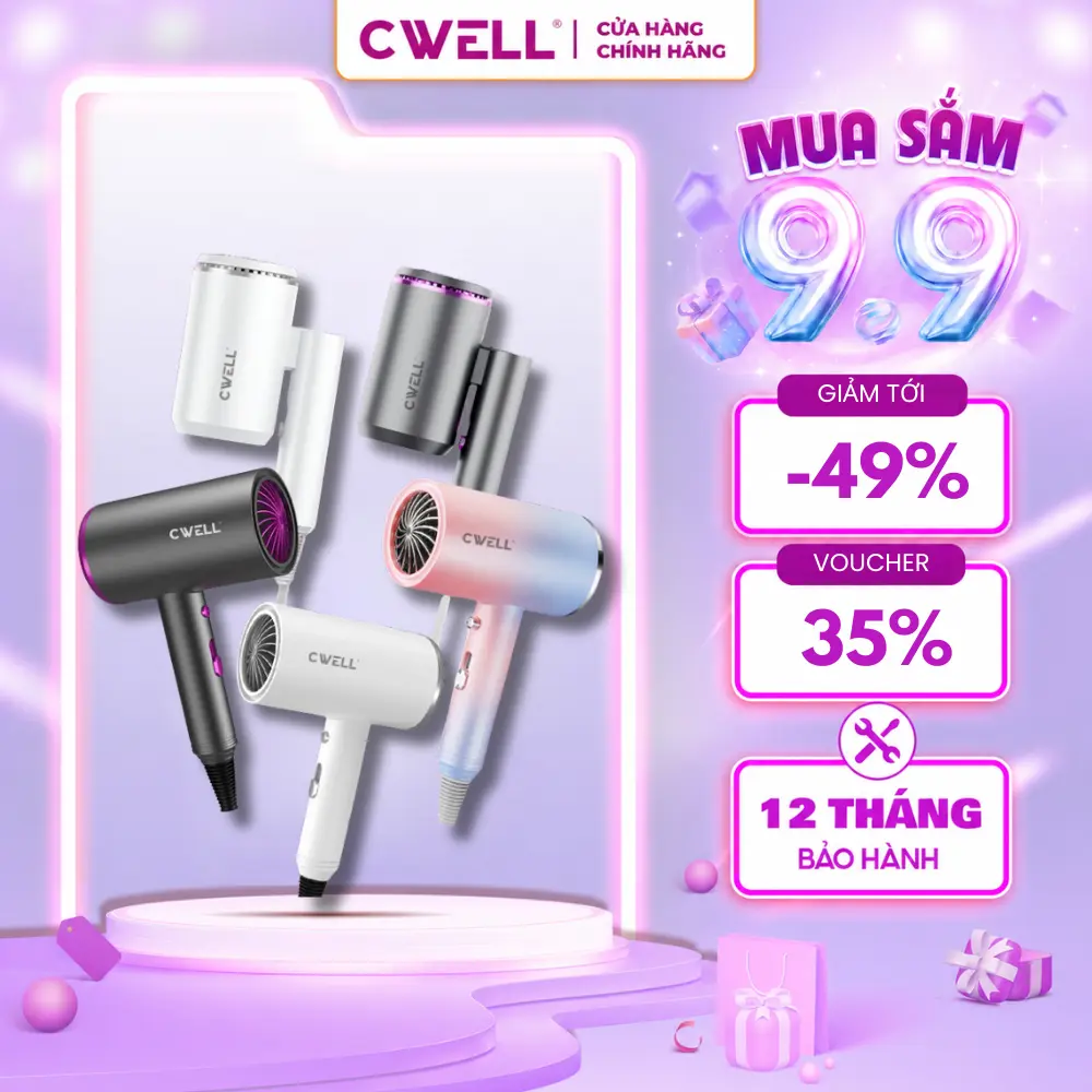Máy sấy tóc CWELL trendy 4 mùa, 3 chế độ sấy ấm - nóng - mát kèm ánh sáng xanh, công suất 1200W có nút chuyển nhiệt nhanh, bản thường và gập gọn, khô nhanh chóng khi sấy cho nam & nữ  C02HD - BH 12 THÁNG