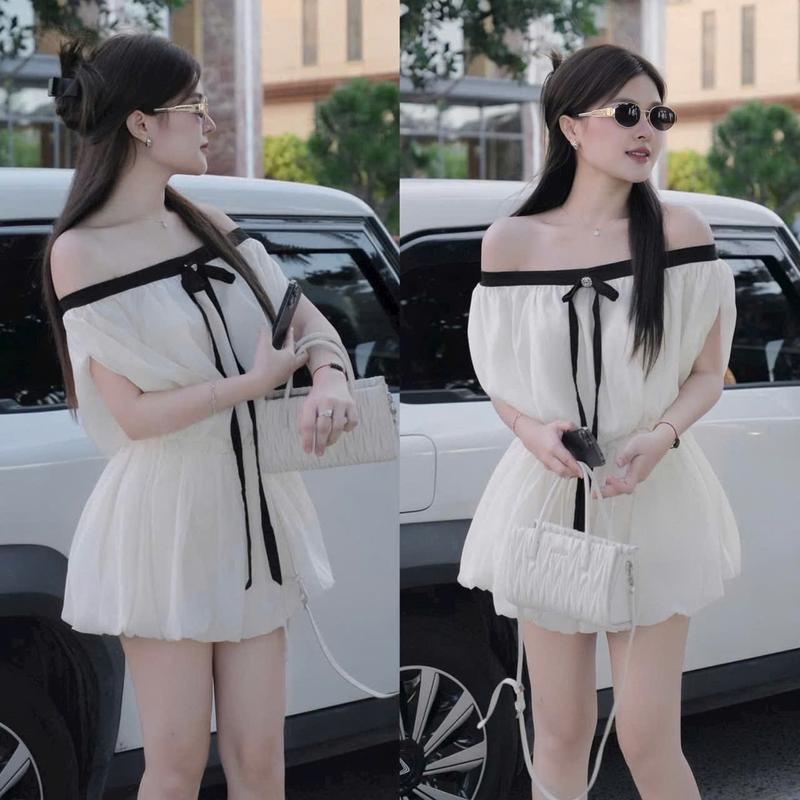 Đầm váy nữ chất voan trễ vai đính nơ phối tùng bí from ngắn xòe trẻ trung tôn dáng sang chảnh phù hợp cho các nàng đi tiệc đi du lịch.women top