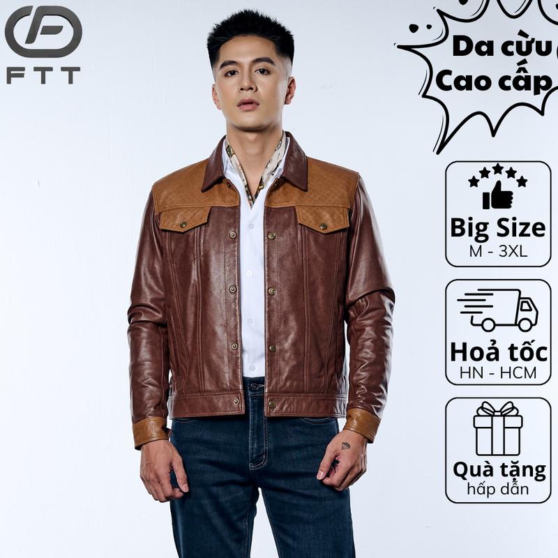 Áo khoác da cừu nam phối hoạ tiết monogram cao cấp FTT Leather chất liệu da cừu bền không bong tróc AD413P