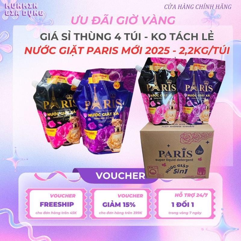 [GIÁ SỈ THÙNG]Thùng 4 Túi Nước Giặt Xả Paris hương nước hoa Túi 2,2kg hàng chính hãng có 2 màu Đen & Tím