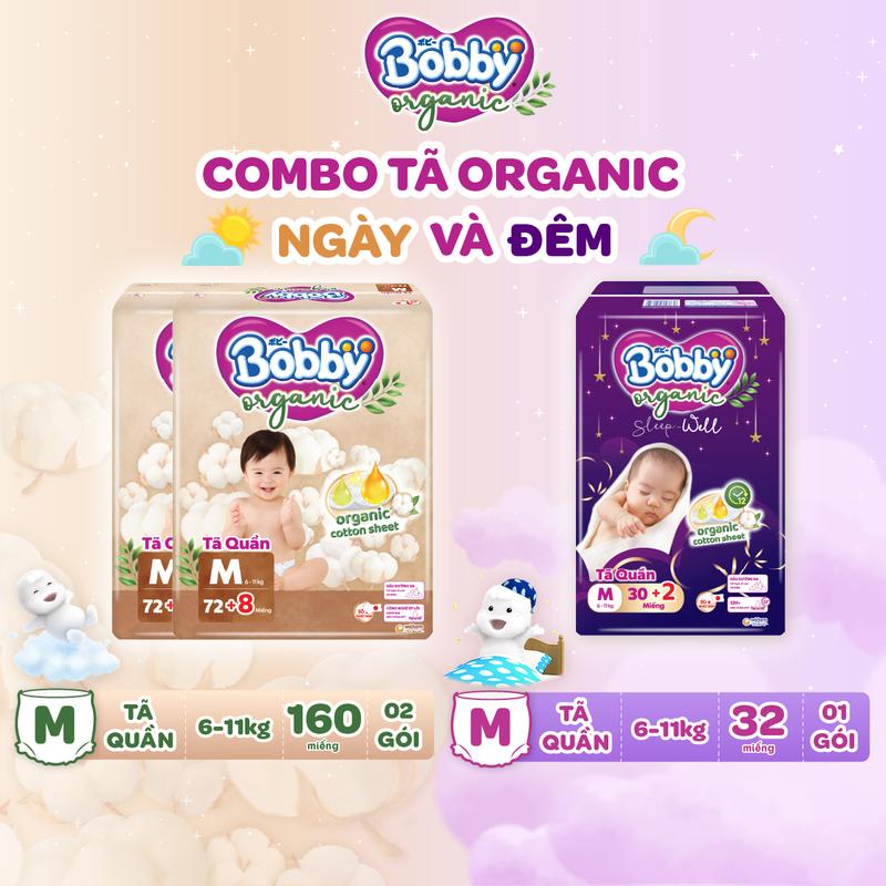 [MỚI RA MẮT] [COMBO 2NGÀY-1ĐÊM] Tã/Bỉm quần Bobby Organic Ngày và Đêm chăm sóc dịu nhẹ khô thoáng từ thiên nhiên size M/L/XL/XXL/XXXL cho bé từ 6kg - 35kg