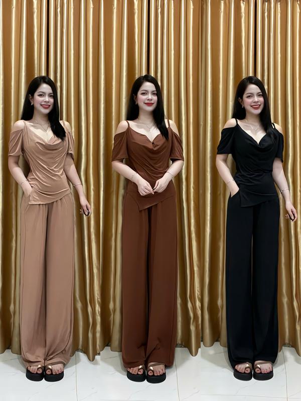 Bộ 2 Dây Quần Dài - Áo Kiểu Cổ Đổ HOT 2025 Vải Mịn Mát Đơn Sắc