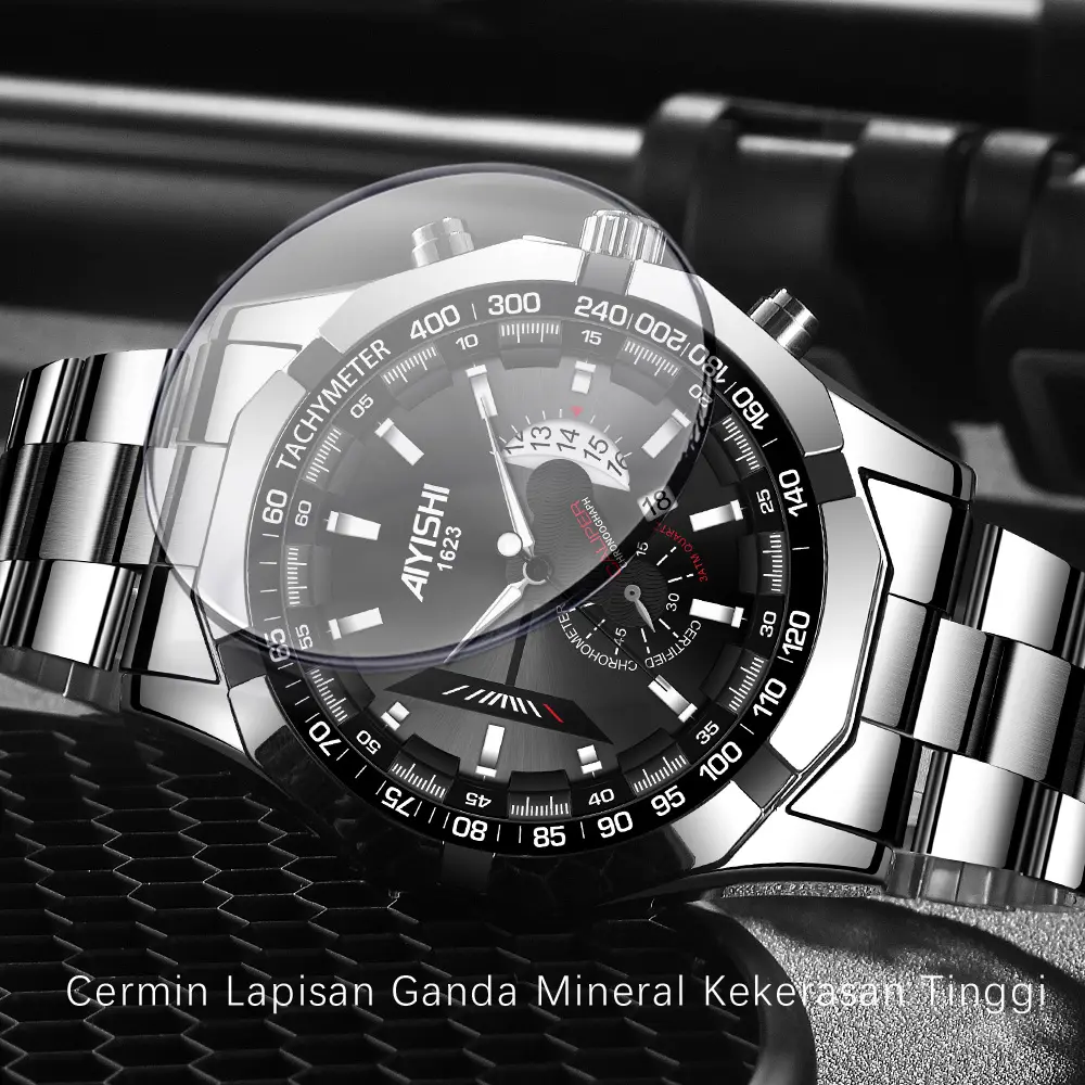 AIYISHI Jam Tangan Pria Mewah & Sporti 1623 Multifungsi Tahan Air 30M Dial Hitam Bodi Stainless Steel Garansi 2 Tahun Kaca Kristal Kuarsa Otomatis AIYISHI Jam Tangan Pria Mewah & Sporti 1623 Multifungsi Tahan Air 30M Dial Hitam Bodi Stainless Steel Garansi 2 Tahun Kaca Kristal Kuarsa Otomatis