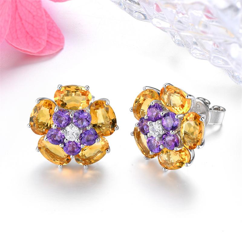 Natural Citrine Amethyst Sterling Silver Stud Earring 5.5 Carats Genuine Multicolor Gemstone Women Romantic Style Jewelry Gifts 5