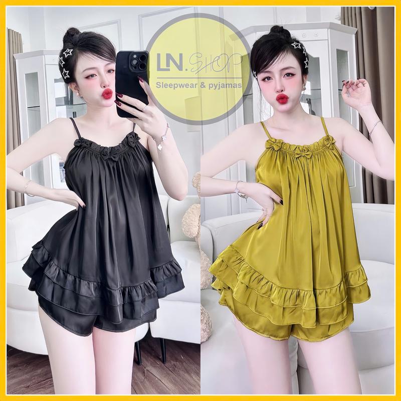 Đồ bộ nữ, đồ bộ ngủ hai dây đính ba nơ phom xòe babidoll quần đùi ống rộng chất lụa latin họa tiết trơn