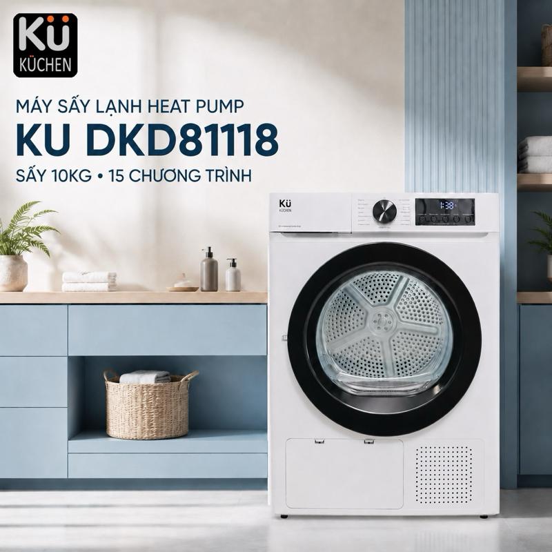 Máy Sấy Lạnh Quần Áo Heat Pump Kuchen KU DKD81118 10kg, 15 Chương Trình, Inverter R290