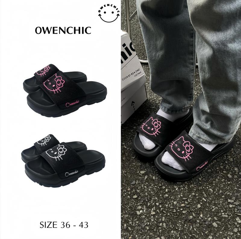 (OWC18) Dép Owenchic Quai Ngang Kim Tuyến Bling Thêu Mèo Hello K!tty Dễ Thương Lót Bông Đế Bằng Cao 4cm Êm Chân Kèm Hộp -  Hỗ trợ đổi size - Bảo hành keo