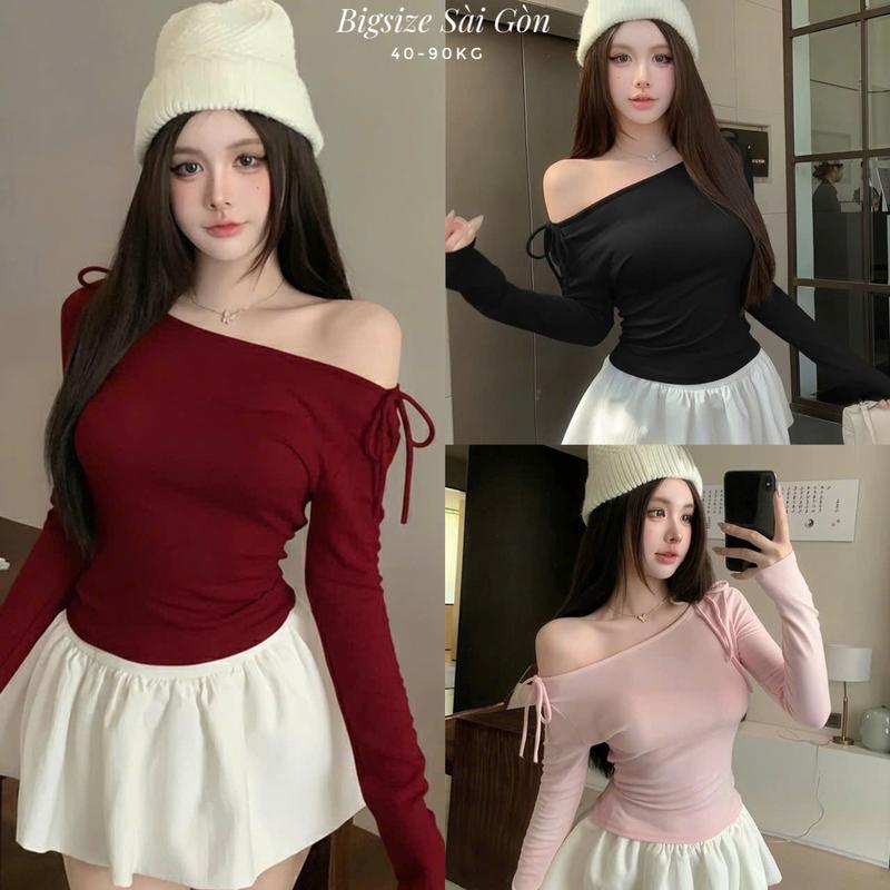 Áo Trễ Vai Nữ Tay Dài Phối Nơ Thời Trang Noel Mềm Mịn Borit Cotton Qc Bigsize 45–90kg Dễ Thương Nữ Women Top Nhung – A.1696