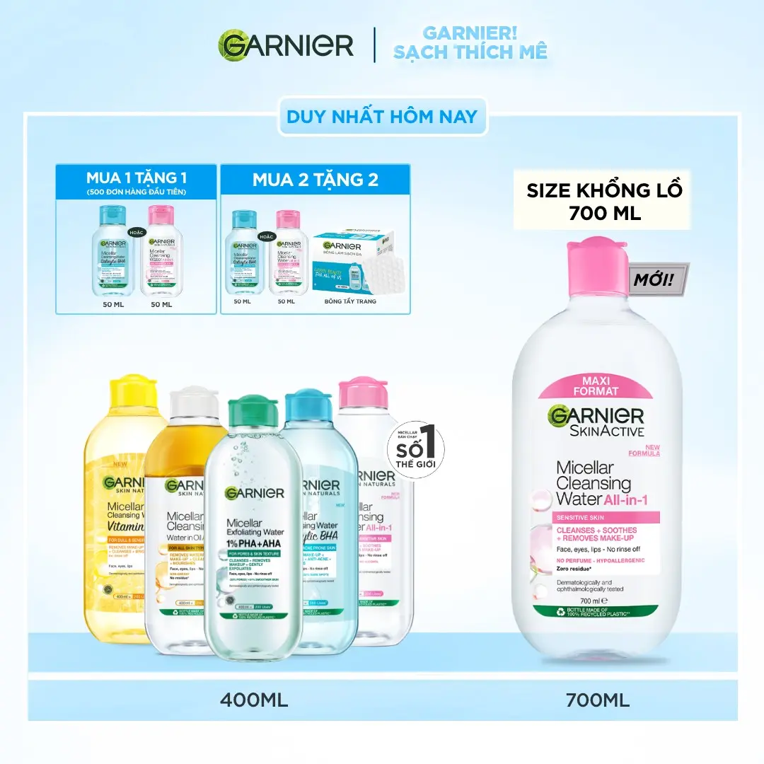Nước Tẩy Trang làm sạch sâu dịu nhẹ cho mọi loại da - Garnier Micellar Cleansing Water 400ml