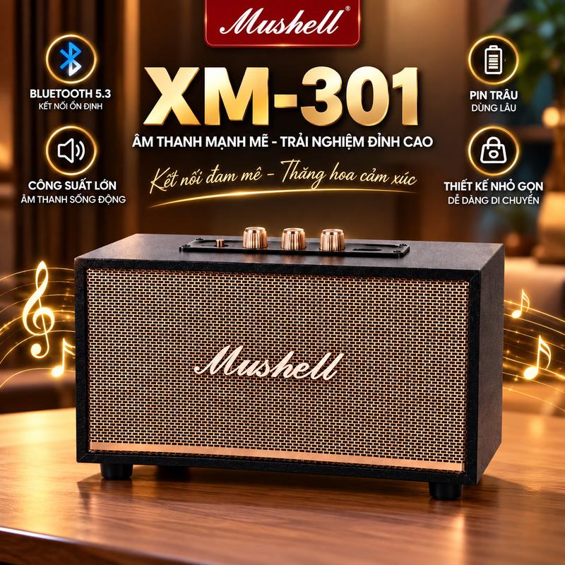 Loa Bluetooth Mushell XM-301 20W Bass Mạnh, Loa Gỗ Âm Thanh HiFi Ấm Đầm, Pin Trâu 6-8 tiếng