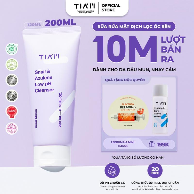  Mần Đẹp x TIA'M  Sữa Rửa Mặt Tinh Chất Dịch Lọc Ốc Sên Làm Dịu Và Hỗ Trợ Phục Hồi Dành Cho Da Dầu Mụn Nhạy Cảm TIA’M Snail & Azulene Low pH Cleanser 200ml 