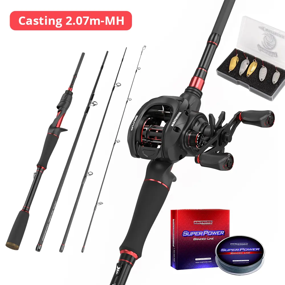 KastKing Portable Baitcasting Reel and Rod Combo Brutus Fishing Set and 5PCS Bait Lure Set with Braided Lines