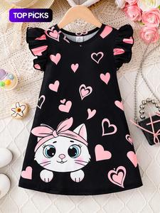Vestido de niña con estampado de gato de dibujos animados, adorno de volantes, vestido casual lindo de cuello redondo para verano, ropa para niños para uso diario
