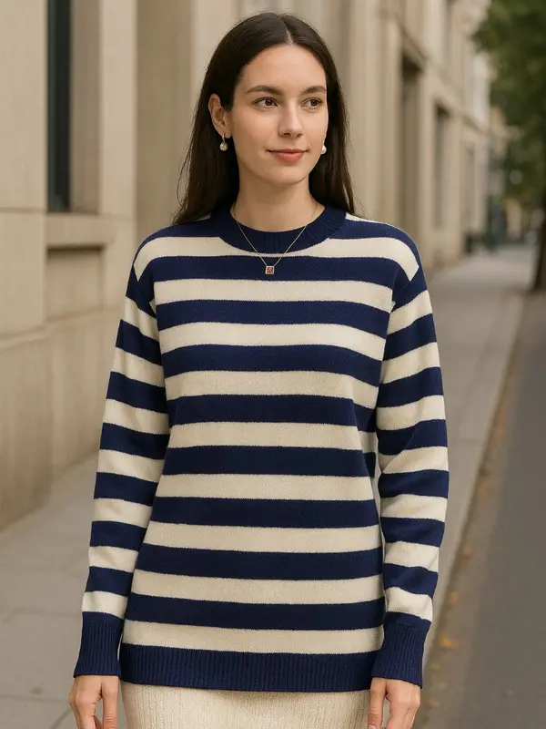 Women Merino Wool Sweater, Round Neck, Strip Pullover, Color Matching, Casual Knitted, Bottoming 2