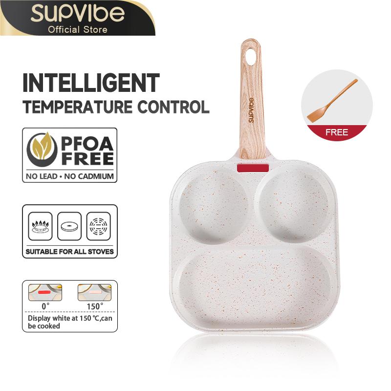   SUPVIBE  Tặng Xẻng Gỗ  Chảo Chiên Rán Trứng Làm Bánh 3 Ngăn 3 Lỗ Chống Dính Khuôn Chảo Chống Dính Tay Cầm Gỗ 4 Trong 1 Chảo Bữa Sáng Đa Chức Năng 