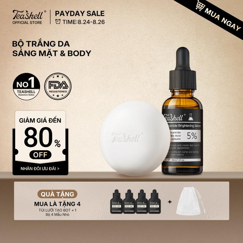 【MUA LÀ TẶNG 4 SẢN PHẨM】BỘ KIT Teashell Serum 5% Niacinamide Arbutin 30ml + Xà…