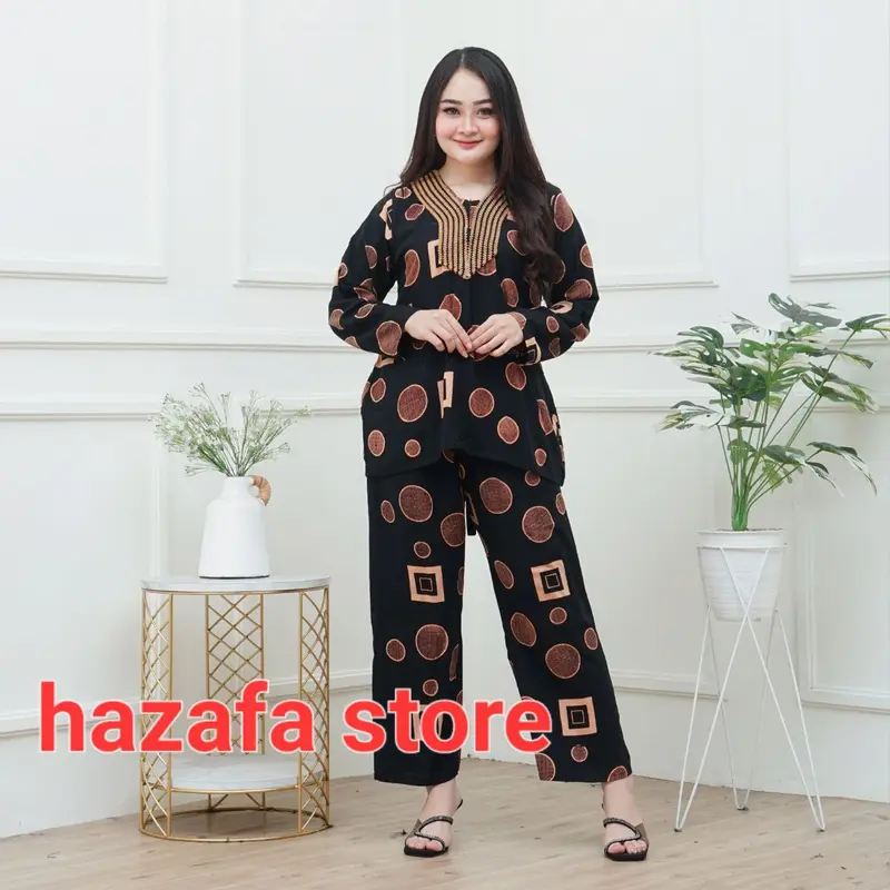 Setelan Baju Celana Wanita Dewasa Lengan Panjang Kombinasi Renda Terbaru Bahan Rayon Motif Kekinian  Viral terbaru2024 2