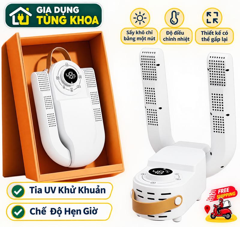 Máy Sấy Giày Khử Mùi Bằng Tia Cực Tím UV - Hẹn Giờ Thông Minh, Khí Nóng 360 Độ Siêu Nhanh Khô, Dùng Cho Cả Tất & Găng Tay