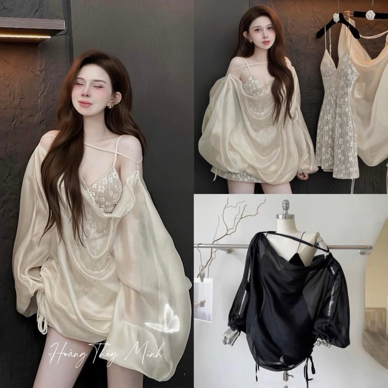 O1- SALE- SET 3 MÓN - KÈM QUẦN Váy Ren Áo Tơ Choàng thụng Tiểu Thư sang Chảnh Dây Tăng Đơ Tuỳ Chỉnh Dạo Phố Dự Tiệc -HoangThuyMinh97