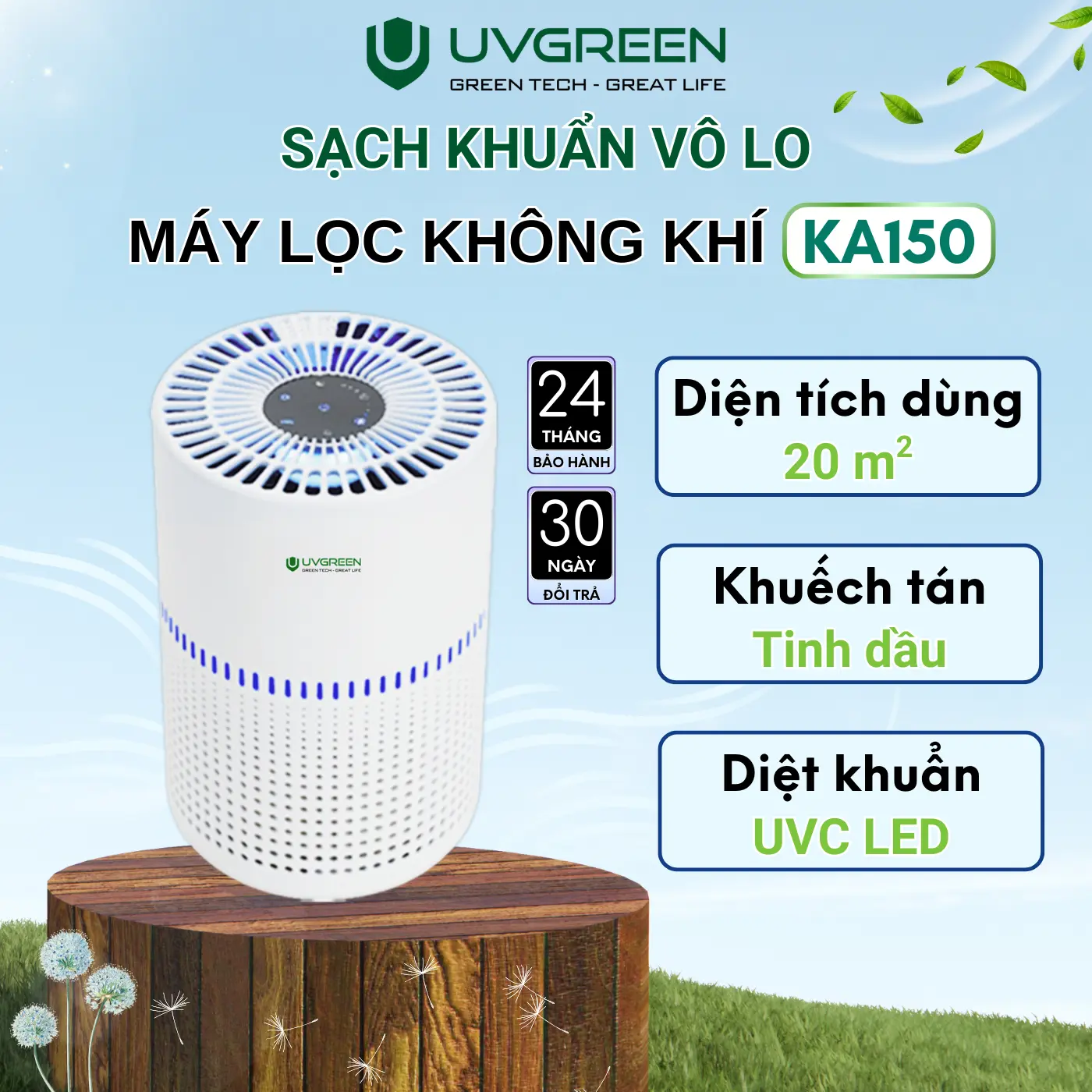 Máy Lọc Không Khí Diệt Khuẩn UVGREEN KA150 20m2 - UVC LED Hiện Đại, Làm Sạch Không Khí Phòng Ngủ Gia Đình, Bộ Lọc HEPA H13 Chống Vi Khuẩn Lọc Bụi Mịn, Lông Tóc Và Mùi