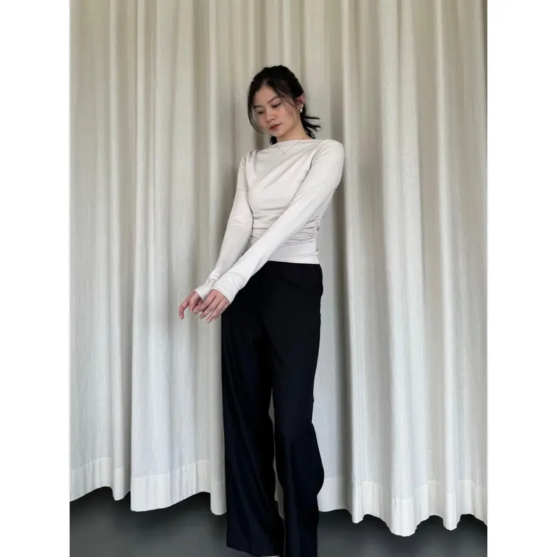 ￼EASE - Brie Top | Boat Neck Top with Ruched Details |  Atasan Wanita Baju Kaos Polos Panjang 3