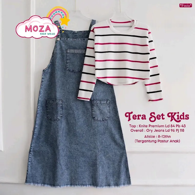Tera set setelan inner rajut salur overall gamis jeans anak remaja 10-14 tahun 2
