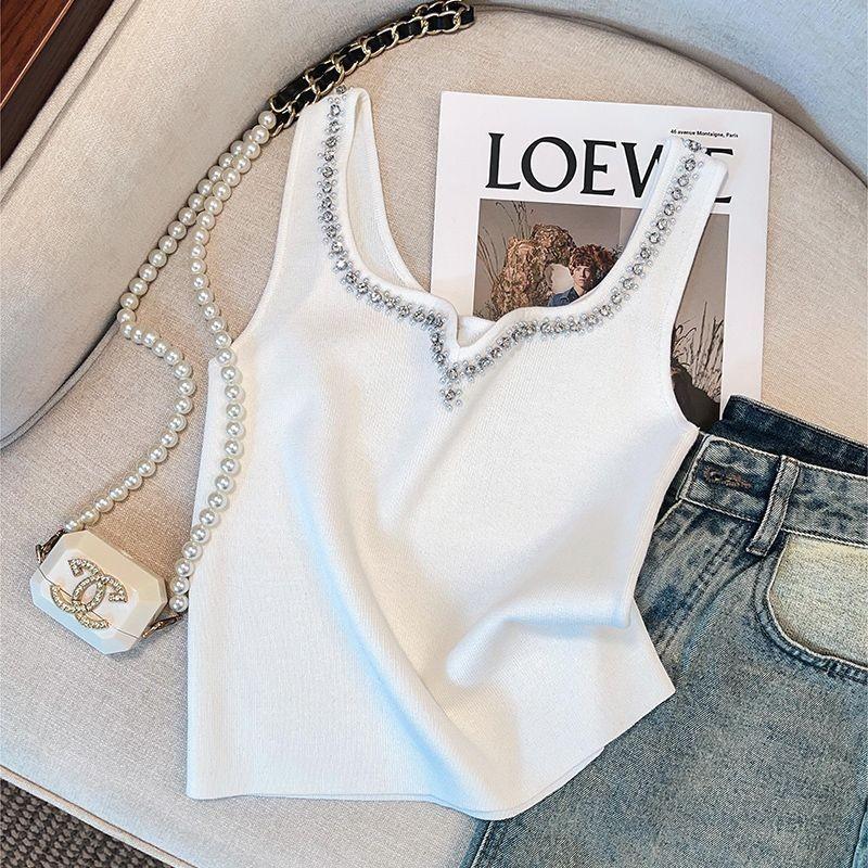 Áo Ba Lỗ Kim Cương Giả, Áo Mùa Hè, Dành Cho Nữ, Cổ Tròn, Thời Trang, Áo Yếm Ngắn, Phong Cách Đường Phố Cao Cấp, Eo Co Giãn, Dệt Kim, Áo Yếm