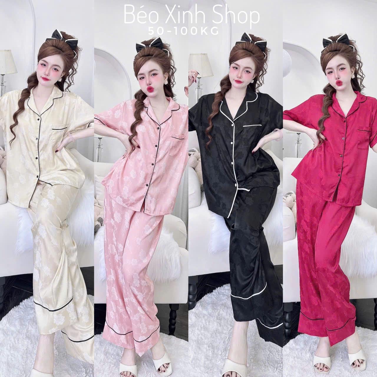 Đồ Bộ - Đồ Ngủ Tay Ngắn Quần Dài Vải Gấm 2 Da Mềm Mát Tiểu Thư Cao Cấp Thanh Lịch Pijama Bigsize 50-100kg Bộ Ngủ Nữ Áo Ngủ Women Quần Ngủ - A.5452