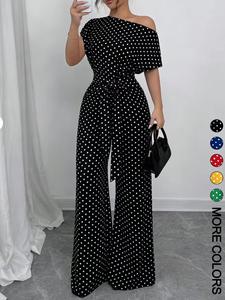 Mono mujer con lunares, hombro asimétrico, mangas cortas, cinturón, largo completo, pierna ancha, tejido fluido, transpirable y antiarrugas, estilo retro elegante para trabajo, citas y fiestas.