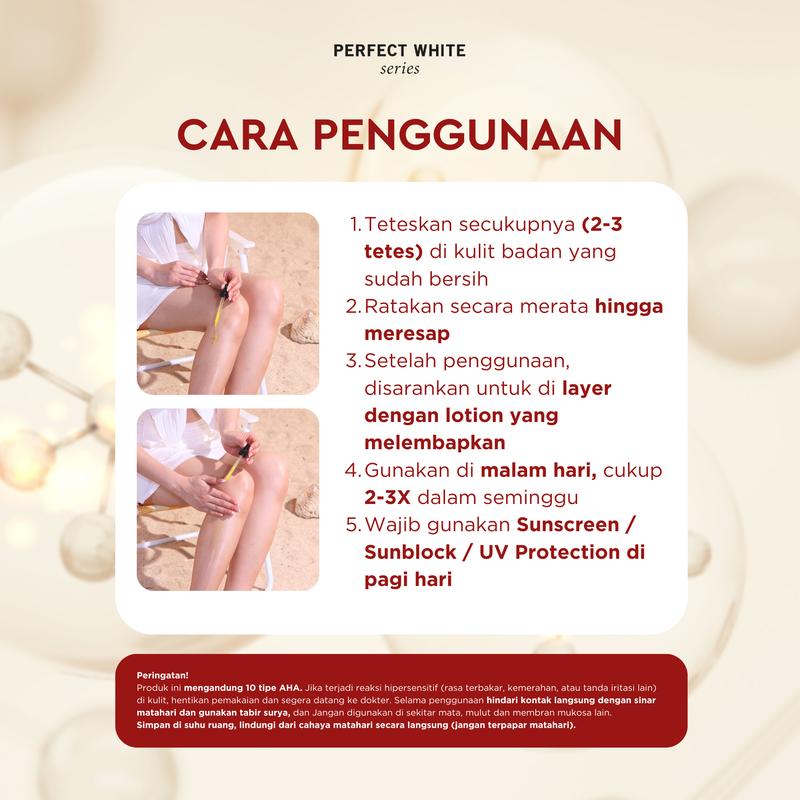 Product Introduction of [10X AHA] PERFECT WHITE Advanced AHA Body Serum 50ml Whitening Booster with 10X AHA Niacinamide, Alpha Arbutin, Glutathione, Vitamin C | Booster Lotion Acid Perawatan Pencerah Mencerahkan Memutihkan Tubuh Kusam Belang Noda Hitam Glycolic Acid 24