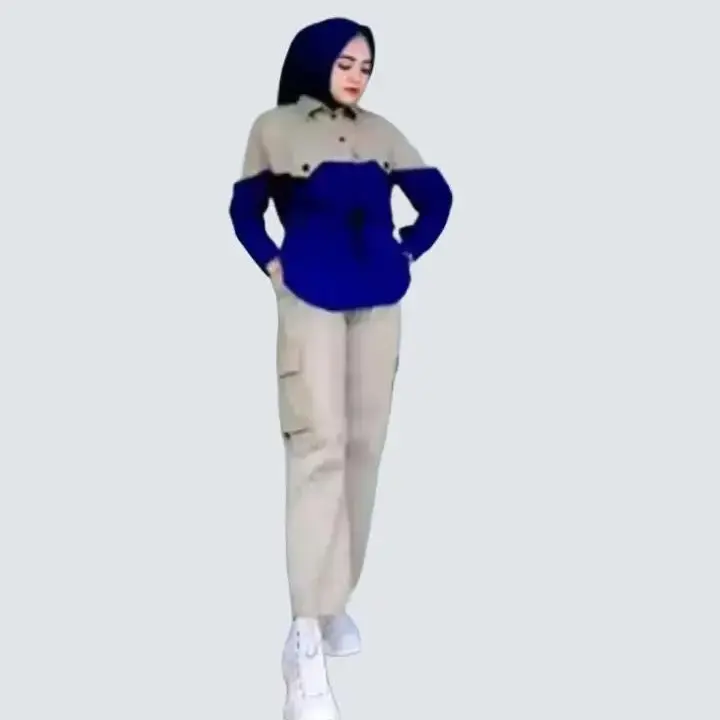 Setelan Cargo Wanita Kombinasi Terbaru XL/L Bahan Katun Renda Turtleneck Penuh A-Line - Nyaman, Panjang