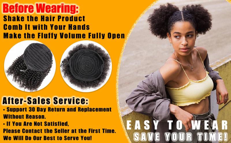 Product Introduction of 8-12 Inch Natural Color Drawstring Ponytails Remy Human Hair short Afro Puffs Hair Kinky Curly Hair Pieces Soft and Bouncy With 2 Stable Combs 6
