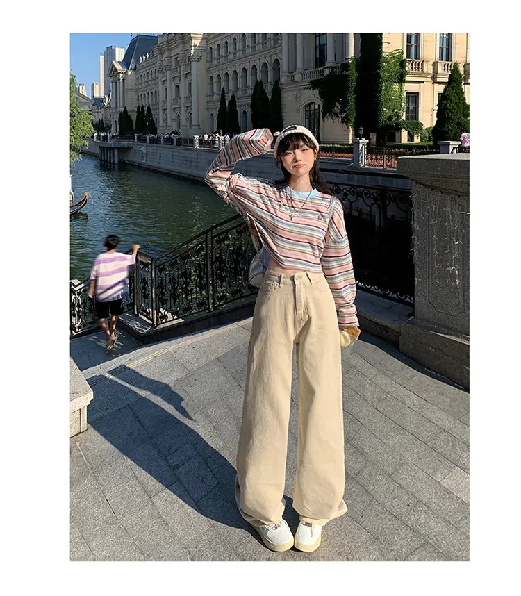 MOMO 224A Celana Jeans Kaki Lebar Khaki Jeans Kerja Wanita Celana Kaki Lurus trendy