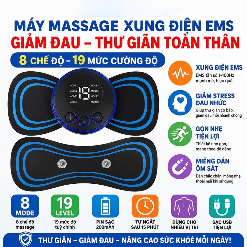 Máy Dán Massage Xung Điện EMS 8 Chế Độ Thư Giãn Toàn Thân