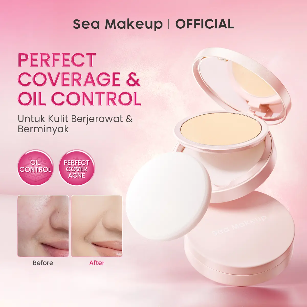 Sea Makeup Acne Cover & Smooth Two Way Cake Pressed Powder and Matte 9g- Bedak Padat High Coverage, dengan kandungan Salicylic Acid + Ceramide + Safflower - aman untuk wajah Berminyak dan Kering Tahan 24Jam