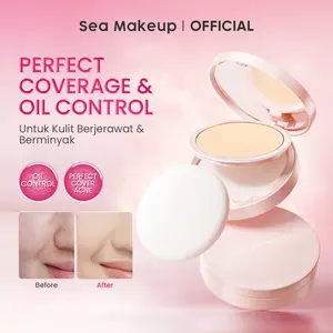 Sea Makeup Acne Cover & Smooth Two Way Cake Pressed Powder and Matte- Bedak Padat High Coverage, dengan kandungan Salicylic Acid + Ceramide + Safflower - aman untuk wajah Berminyak dan Kering Tahan 24Jam