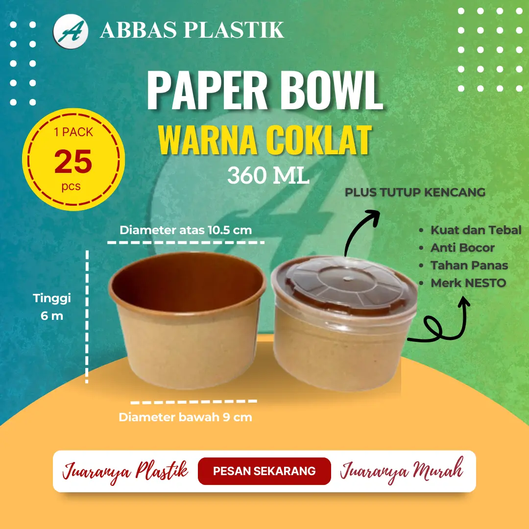 Paper Bowl Bulat Warna Craft + tutup bening / Merk Nesto / Ukuran 360 ml/ 1 pak isi 25 pcs/ Dimensi 6 x 9 x 10 cm