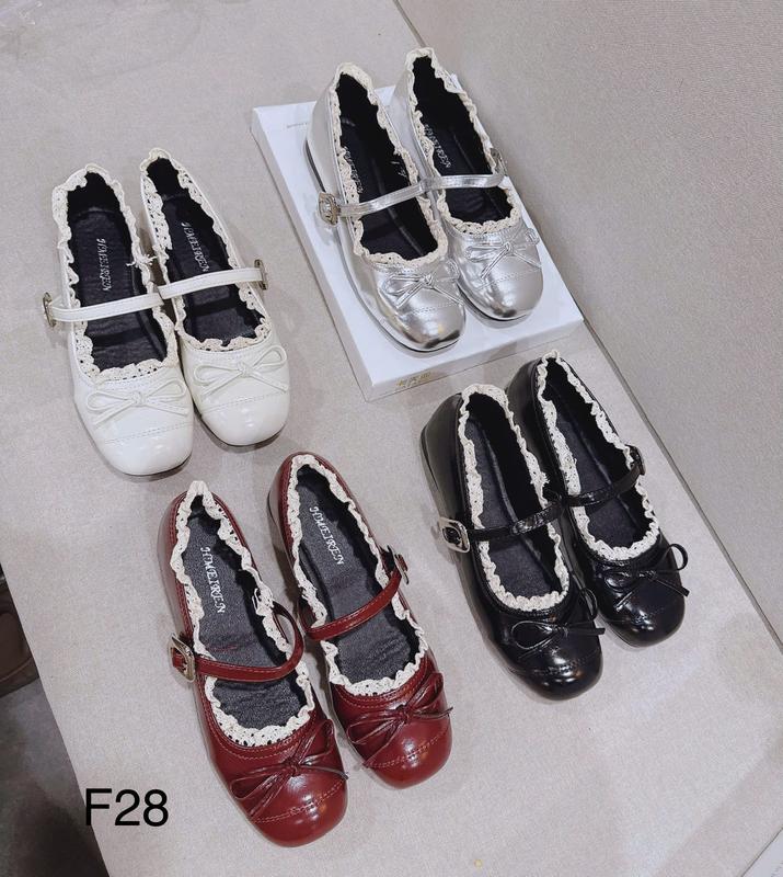 Giày Bệt Búp Bê Nơ Phối Ren Tiểu Thư Đính Khuy Cài Da Mềm Đế Dẻo 4 Màu F28