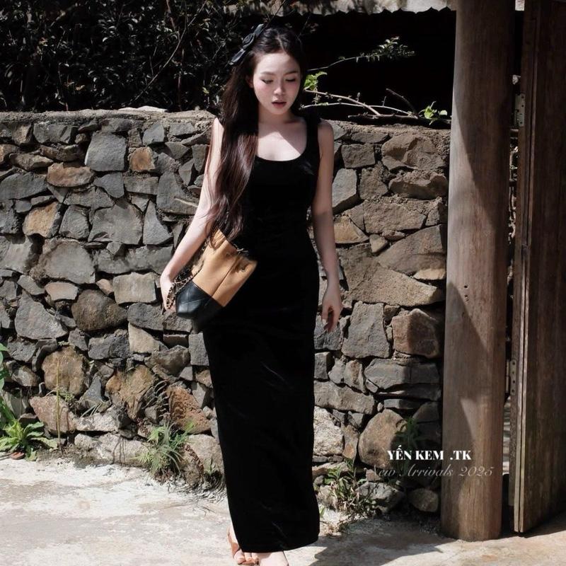 Váy Nhung The Dáng Dài V Lưng Nơ Vai Nhung The Giãn Nhẹ Loại 1