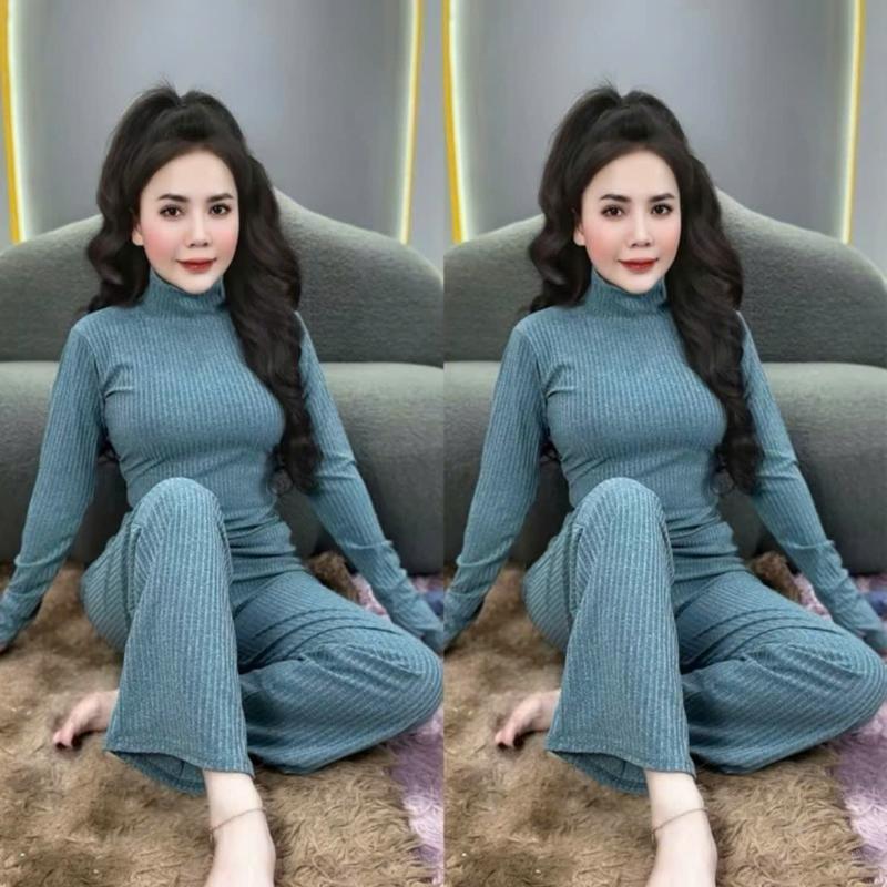 [CỔ LỌ - QUẦN SUÔNG] Đồ bộ Cổ lọ tay dài Quần Suông chất thun gân lạnh, gân đũa, đồ bộ ủ kem, chống nắng (B.Màu tiêu)