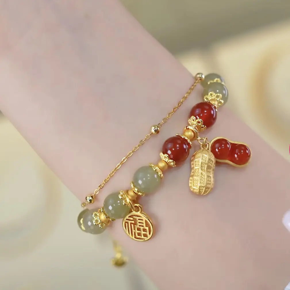 [18K] Hetian Jade Substitution Bracelet Summer "Good thing Happenut" Hypoallergenic Dainty Bracelet for Women Fashionable and versatile jewelry