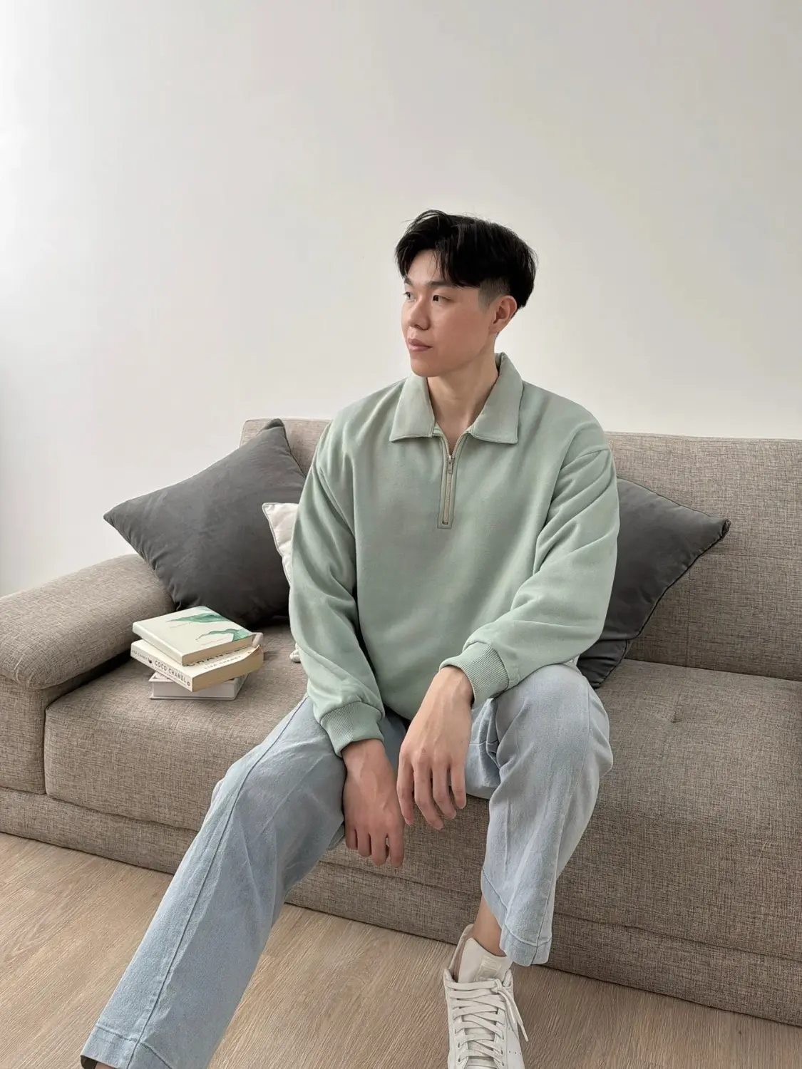 Kadaka MO-0107 Sweater Pria Fleece Atasan Tangan Panjang Detail Kerah Crewneck Basic